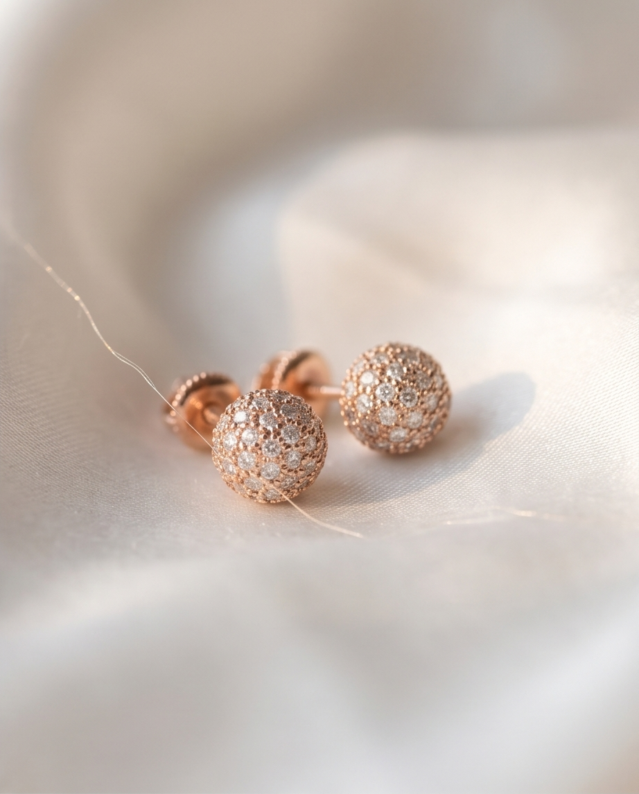 Aretes Bola Pavé - Oro Rosado 14K con Diamantes Naturales